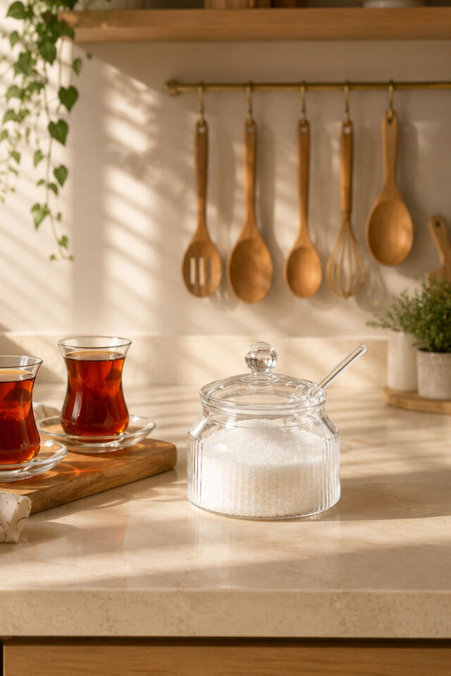 Porsima LM-0018 Kaşıklı Kapaklı Cam Şekerlik Sunumluk Bal Ve Reçel Kavanozu Saklama Kabı 200ml