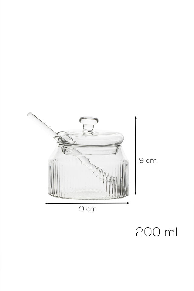 Porsima LM-0018 Kaşıklı Kapaklı Cam Şekerlik Sunumluk Bal Ve Reçel Kavanozu Saklama Kabı 200ml