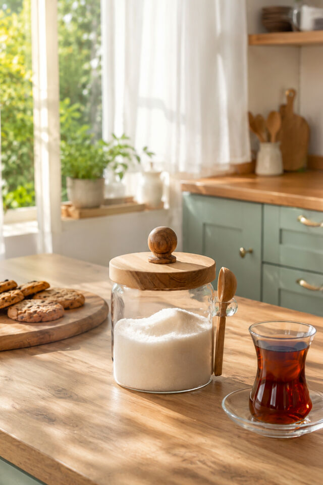 Porsima LM-0057 Bambu Kapaklı Bambu Kaşıklı Cam Şekerlik Sunumluk Bal Ve Reçel Kavanozu Saklama Kabı 450ml