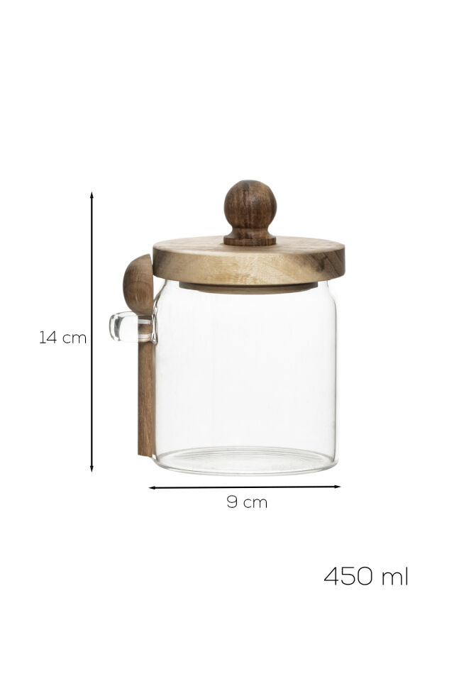 Porsima LM-0057 Bambu Kapaklı Bambu Kaşıklı Cam Şekerlik Sunumluk Bal Ve Reçel Kavanozu Saklama Kabı 450ml