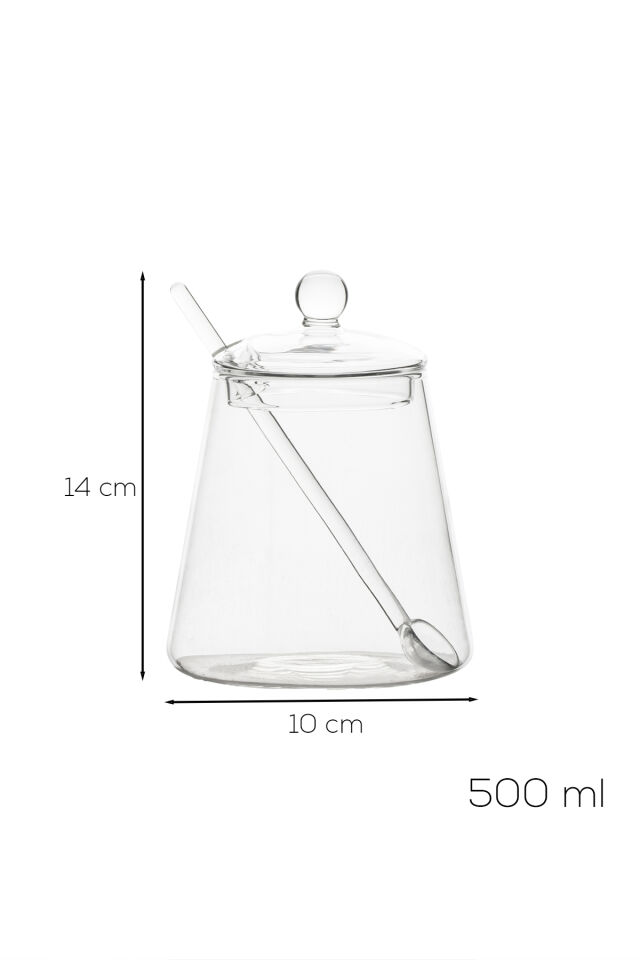 Porsima LM-0019 Kaşıklı Kapaklı Cam Şekerlik Sunumluk Bal Ve Reçel Kavanozu Saklama Kabı 500ml