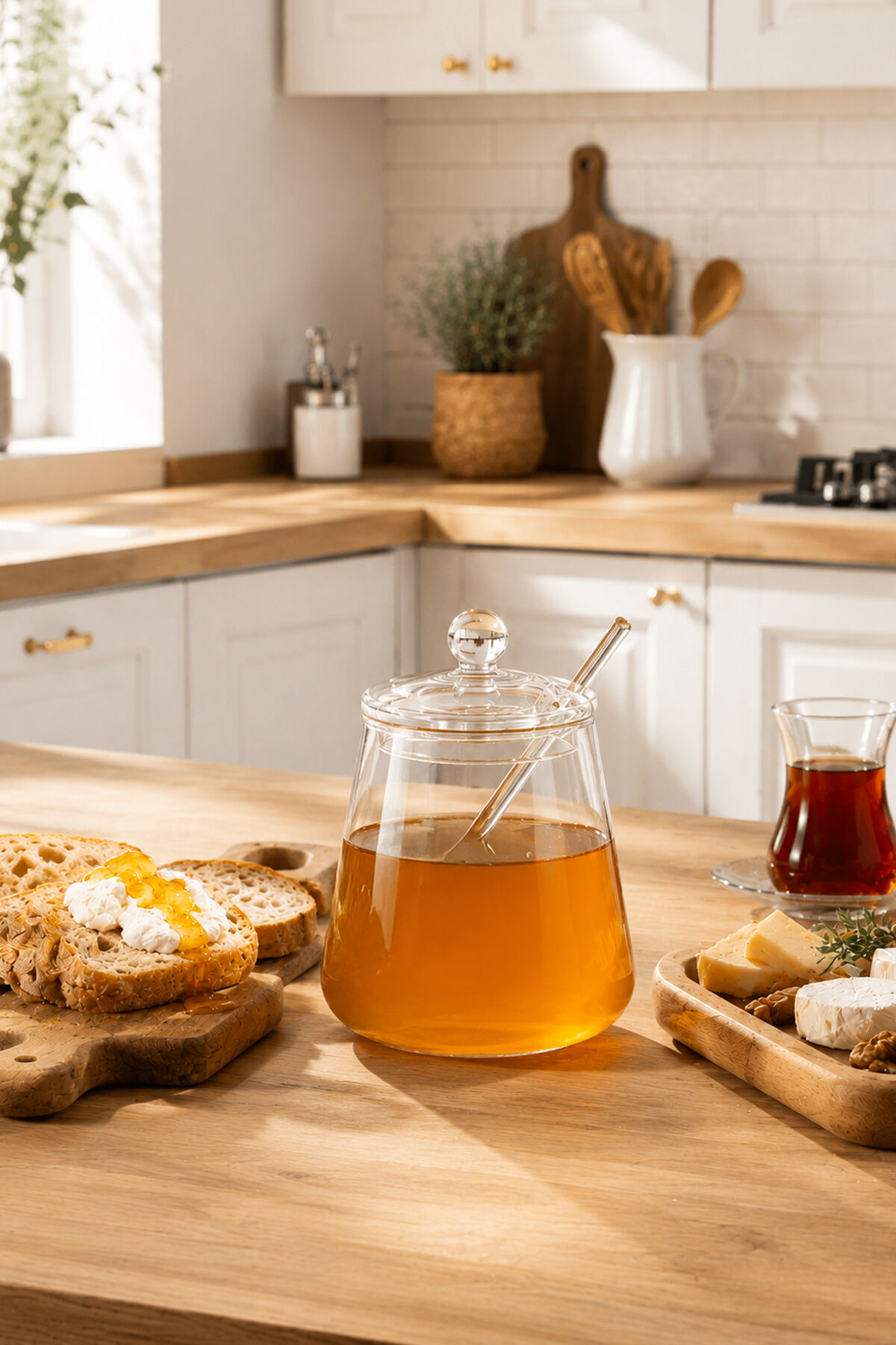 Porsima LM-0019 Kaşıklı Kapaklı Cam Şekerlik Sunumluk Bal Ve Reçel Kavanozu Saklama Kabı 500ml