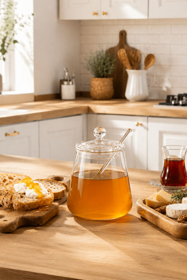 Porsima LM-0019 Kaşıklı Kapaklı Cam Şekerlik Sunumluk Bal Ve Reçel Kavanozu Saklama Kabı 500ml
