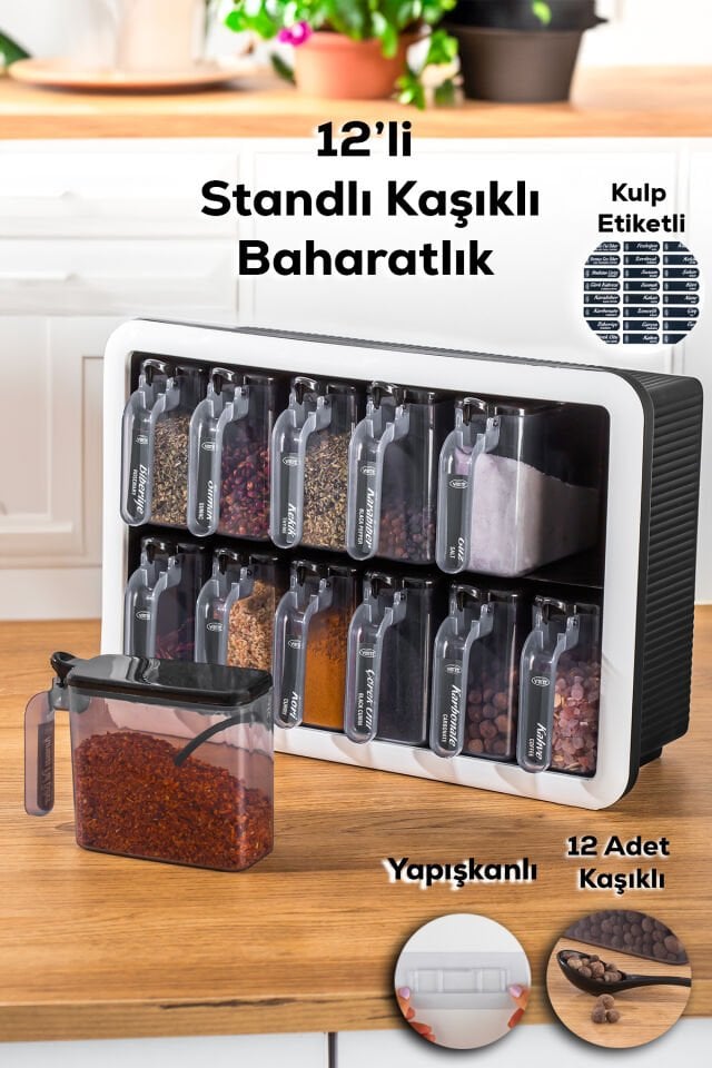 Porsima 1165 Kendinden Yapışkanlı Standlı Etiketli 12 Li Baharatlık Seti Takımı Saklama Kabı Baharatlık Siyah Beyaz