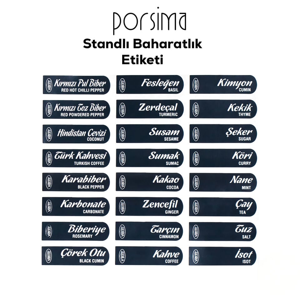 Porsima 1165 Kendinden Yapışkanlı Standlı Etiketli 12 Li Baharatlık Seti Takımı Saklama Kabı Baharatlık Siyah Beyaz