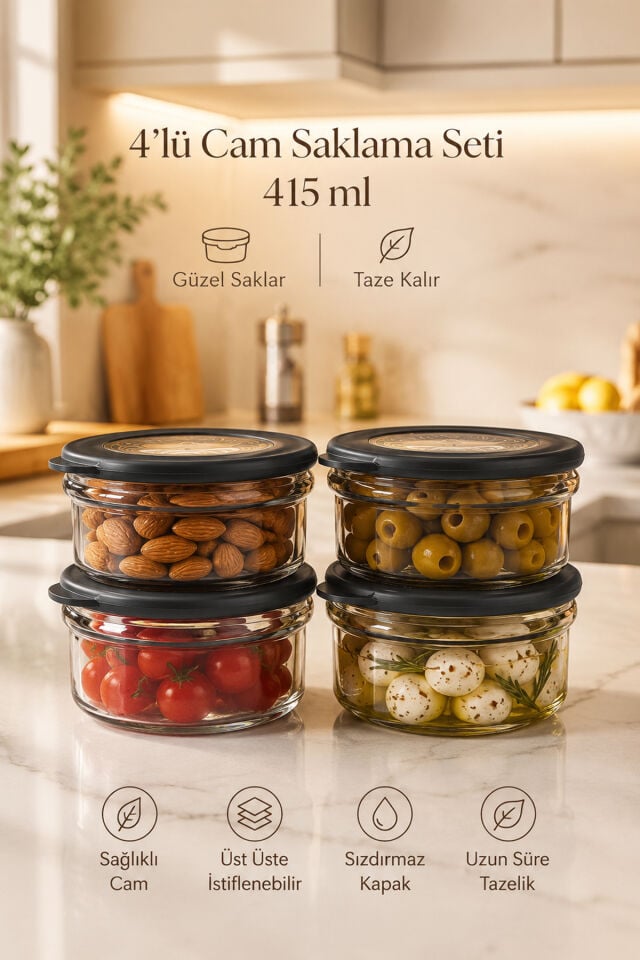 Porsima ET-00104 Flat 4lü Cam Kahvaltılık Çok Amaçlı Saklama Kabı Cam Kahvaltı Seti 415cc