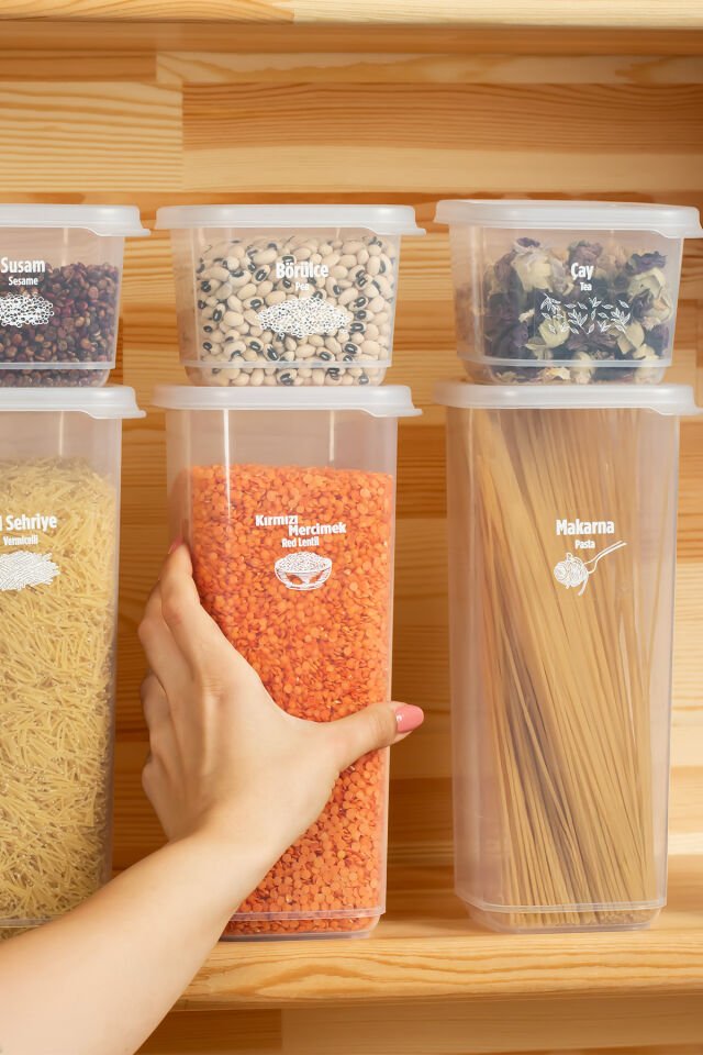 Porsima 1174 12'li Etiketli Renkli Kapaklı Gıda Kavanoz Saklama Kabı Seti Erzak Kabı Organizer Siyah-Beyaz