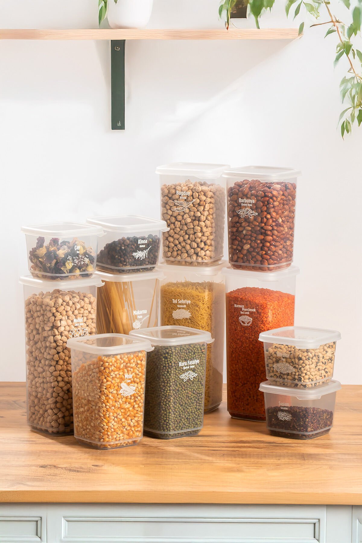 Porsima 1174 12'li Etiketli Renkli Kapaklı Gıda Kavanoz Saklama Kabı Seti Erzak Kabı Organizer Siyah-Beyaz