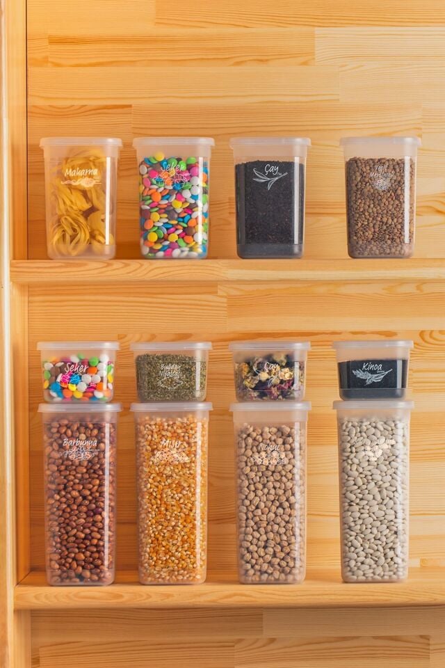 Porsima 433-4 12 li Kare Etiketli Gıda Erzak Baharat Saklama Kabı Seti 4x(0.50+1.10+1.75) Lt Şeffaf