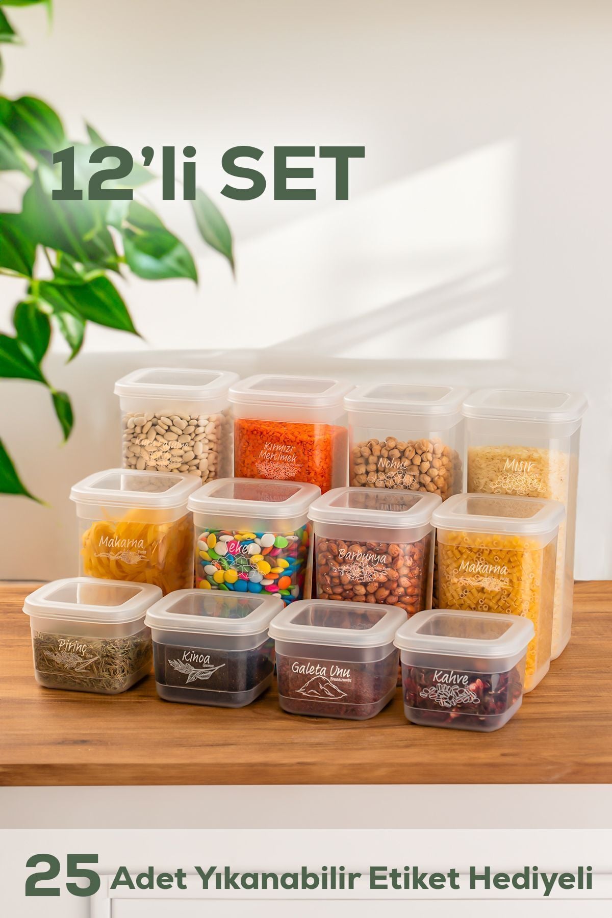 Porsima 433-4 12 li Kare Etiketli Gıda Erzak Baharat Saklama Kabı Seti 4x(0.50+1.10+1.75) Lt Şeffaf