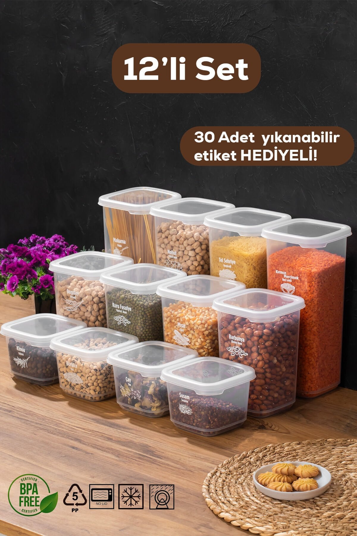 Porsima 1176 12'li Etiketli Renkli Kapaklı Gıda Kavanoz Saklama Kabı Seti Erzak Kabı Organizer