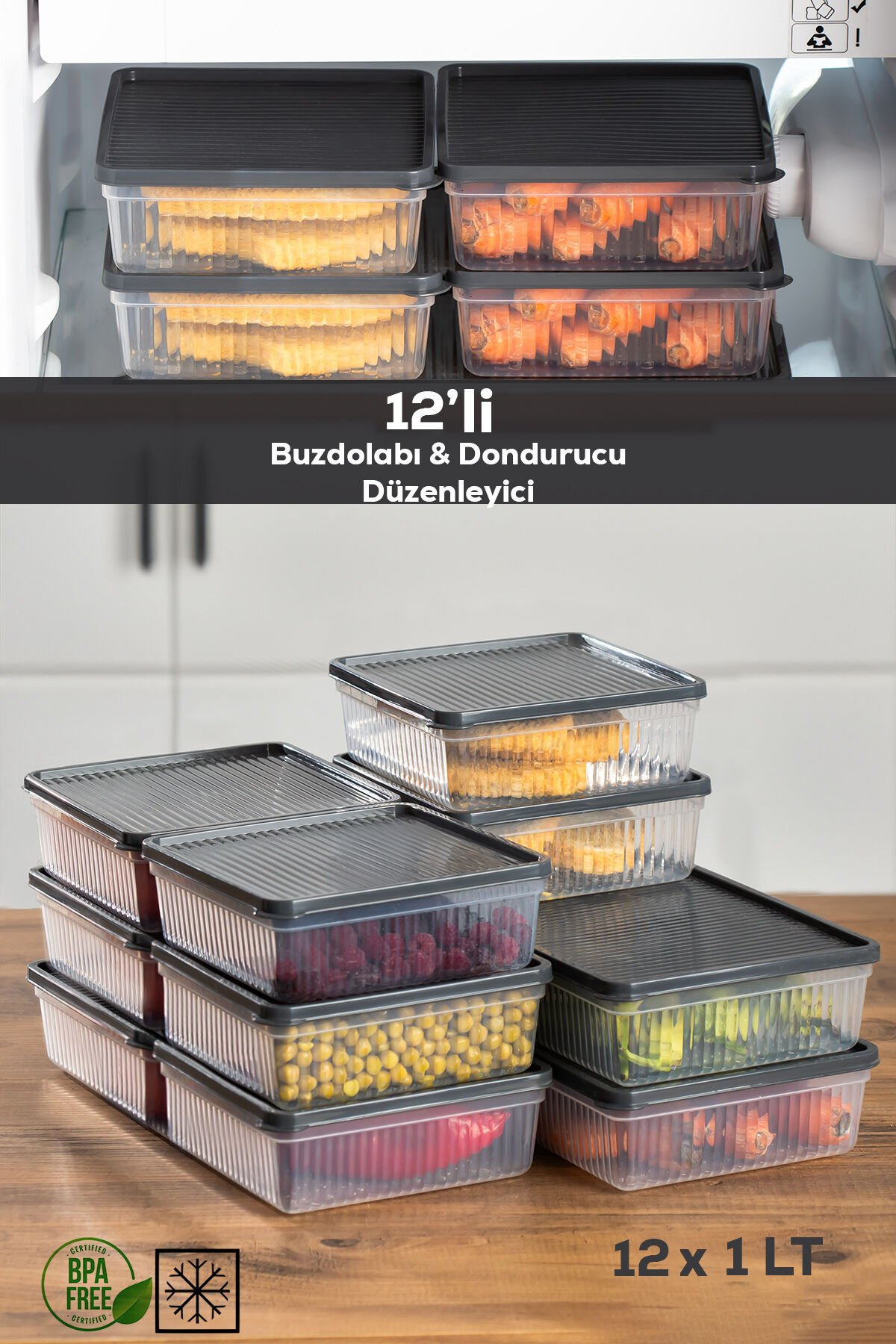 Porsima 1180 12li Buzdolabı Organizer Mikrodalga Ve Derin Dondurucu Buzluk Bakliyat Saklama Kabı - Antrasit