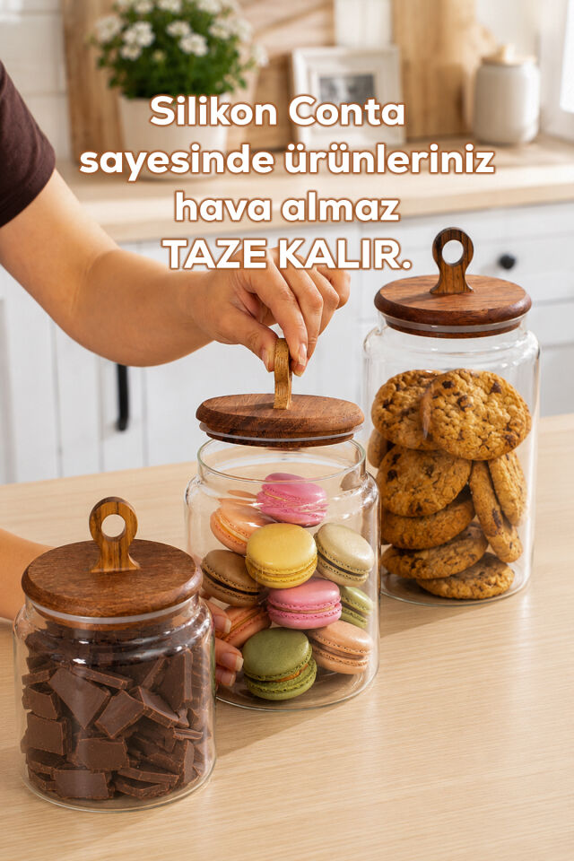 Porsima 4470 Handmade Vakum Kapaklı 3lü Cam Kavanoz Seti Vakum Kapaklı Saklama Düzenleme Kabı Seti