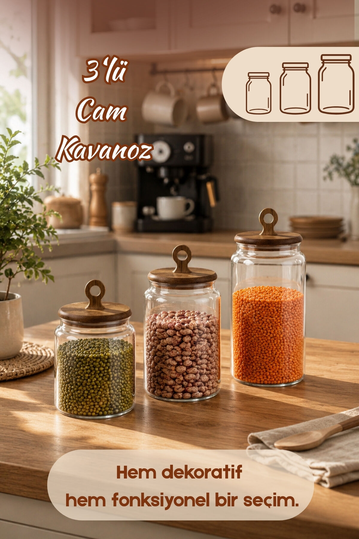 Porsima 4470 Handmade Vakum Kapaklı 3lü Cam Kavanoz Seti Vakum Kapaklı Saklama Düzenleme Kabı Seti