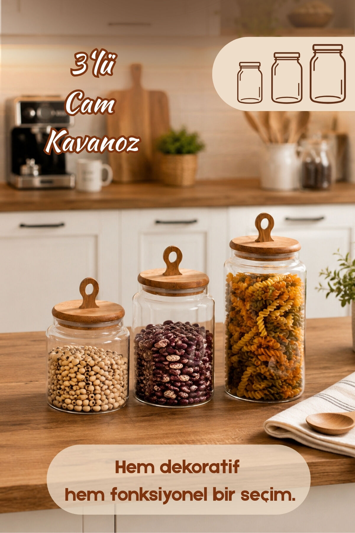 Porsima 4468 Handmade Vakum Kapaklı 3lü Cam Kavanoz Seti Vakum Kapaklı Saklama Düzenleme Kabı Seti