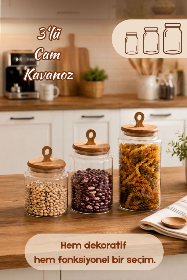 Porsima 4468 Handmade Vakum Kapaklı 3lü Cam Kavanoz Seti Vakum Kapaklı Saklama Düzenleme Kabı Seti