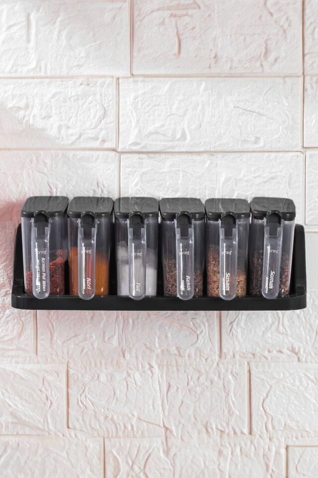 Porsima 1183 6 Lı Standlı Etiketli Kendinden Yapışkanlı Kapaklı Kaşıklı Baharatlık Takımı -baharatlık