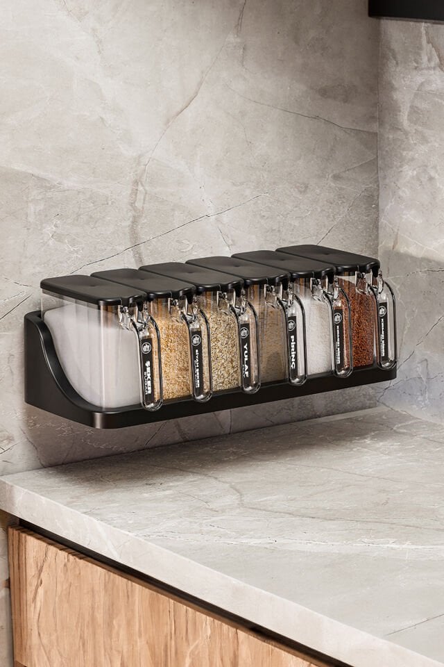 Porsima 1183 6 Lı Standlı Etiketli Kendinden Yapışkanlı Kapaklı Kaşıklı Baharatlık Takımı -baharatlık