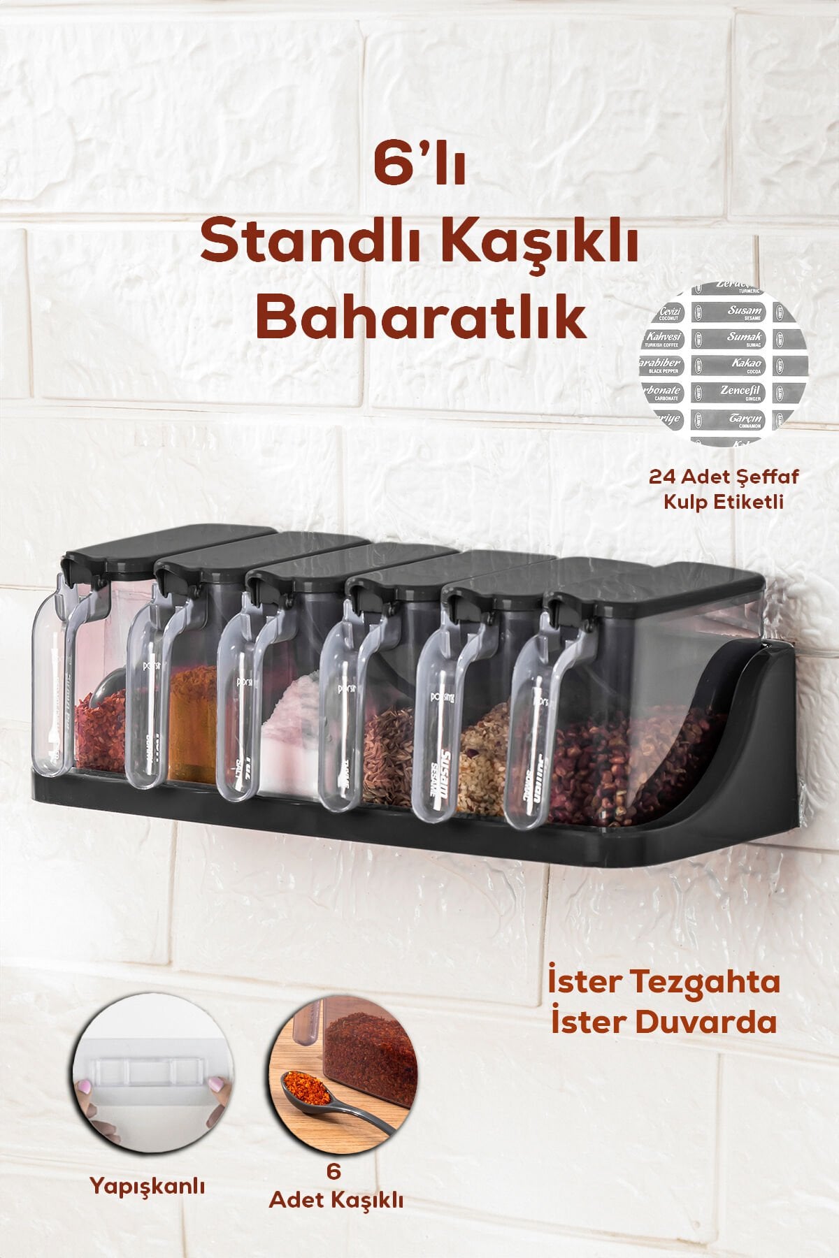Porsima 1183 6 Lı Standlı Etiketli Kendinden Yapışkanlı Kapaklı Kaşıklı Baharatlık Takımı -baharatlık
