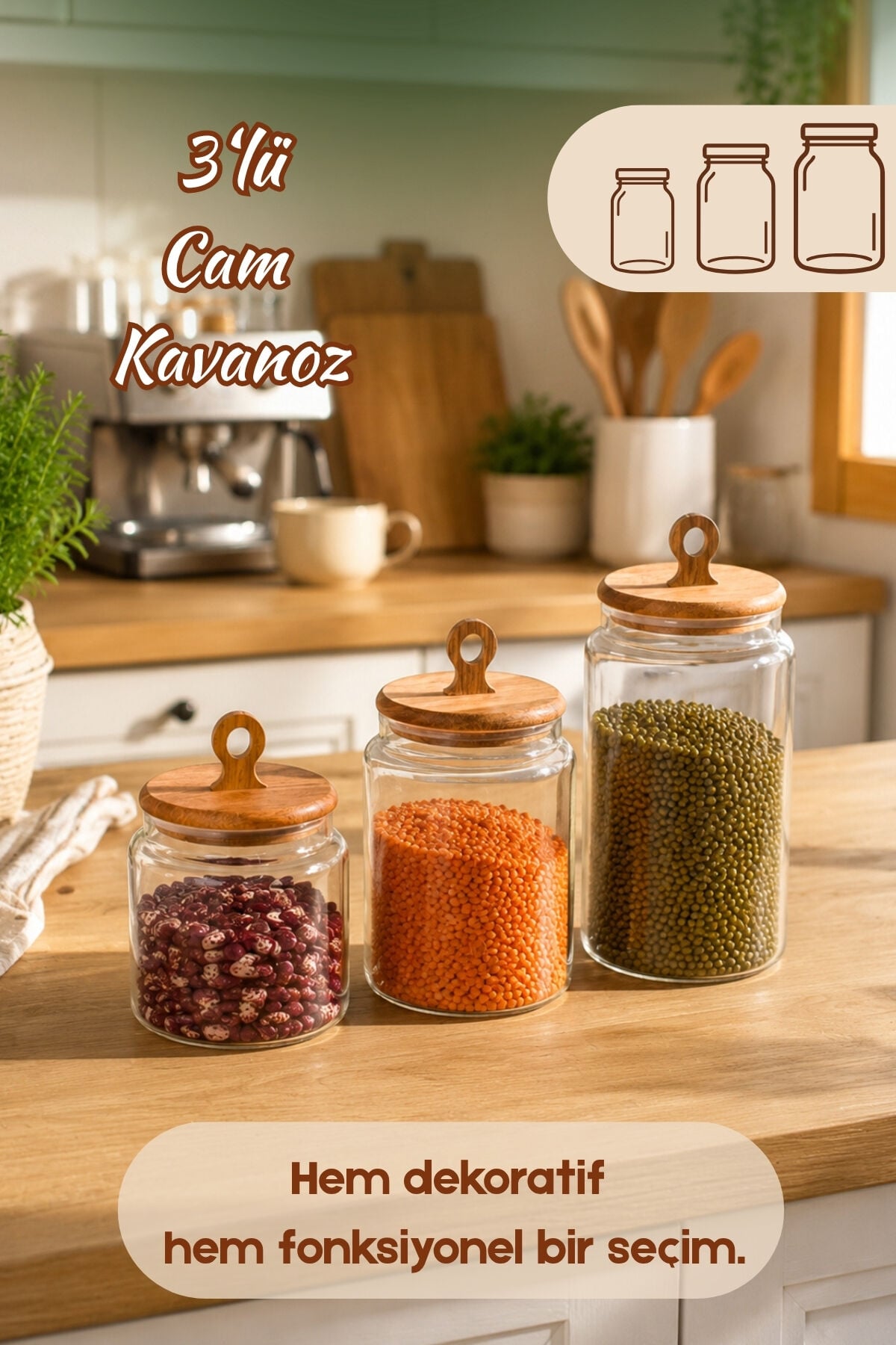 Porsima 4469 Handmade Vakum Kapaklı 3lü Cam Kavanoz Seti Vakum Kapaklı Saklama Düzenleme Kabı Seti