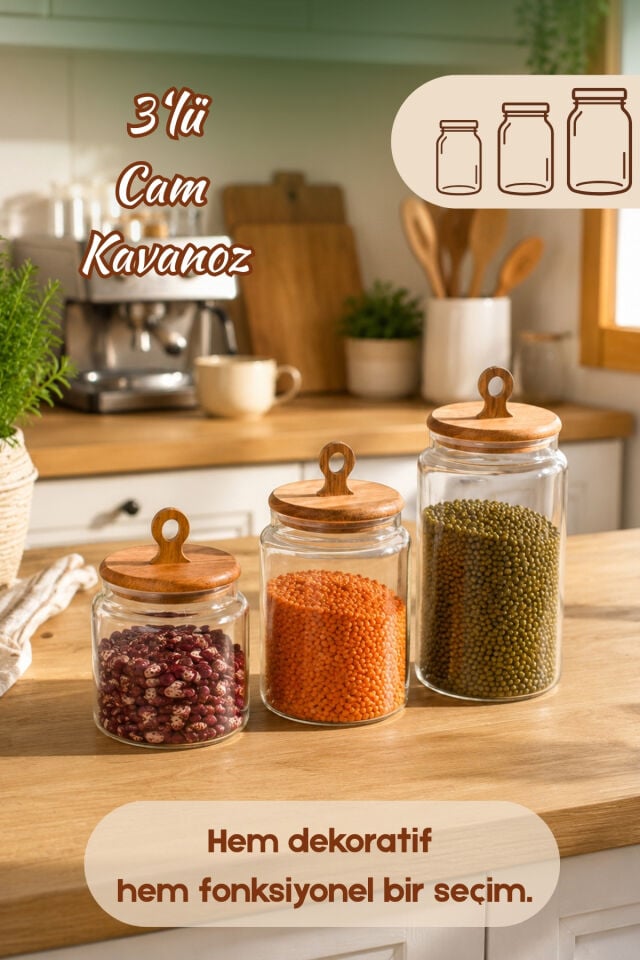 Porsima 4469 Handmade Vakum Kapaklı 3lü Cam Kavanoz Seti Vakum Kapaklı Saklama Düzenleme Kabı Seti