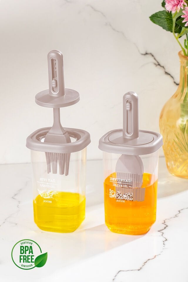 Porsima 0520 2'li Etiketli Silikon Fırçalı Yağlık - Sosluk-Yağdanlık Erzak Saklama Kabı 350cc - Cappuccino