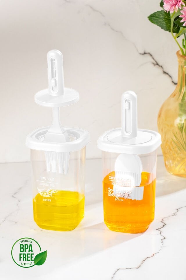 Porsima 0520 2'li Etiketli Silikon Fırçalı Yağlık - Sosluk-Yağdanlık Erzak Saklama Kabı 350cc - Beyaz