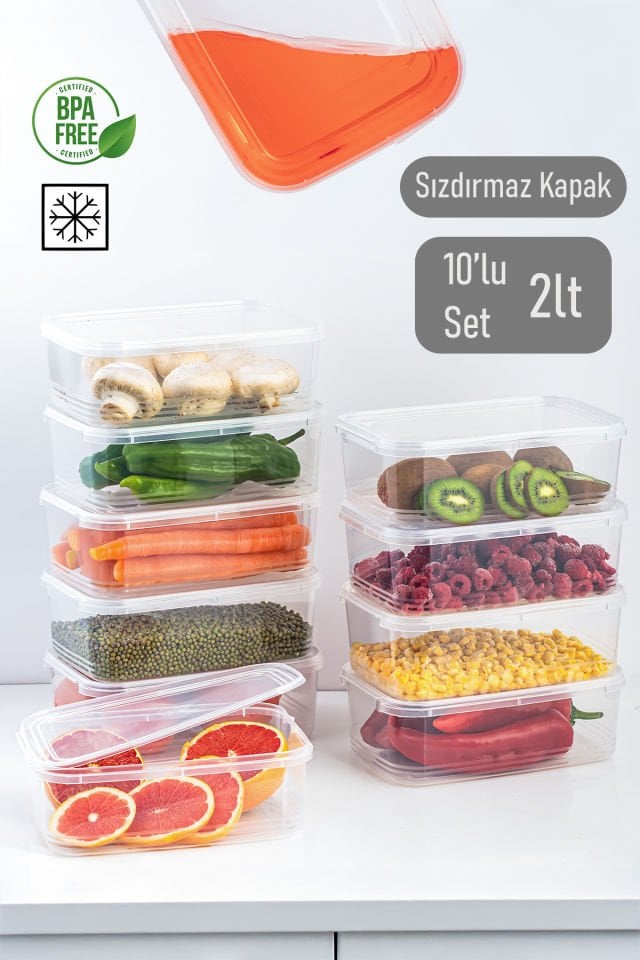 Porsima 4302 10'lu Buzluk Düzenleyici Saklama Kabı Kendinden Kapaklı Derin Dondurucu Saklama Kabı 2Lt Şeffaf