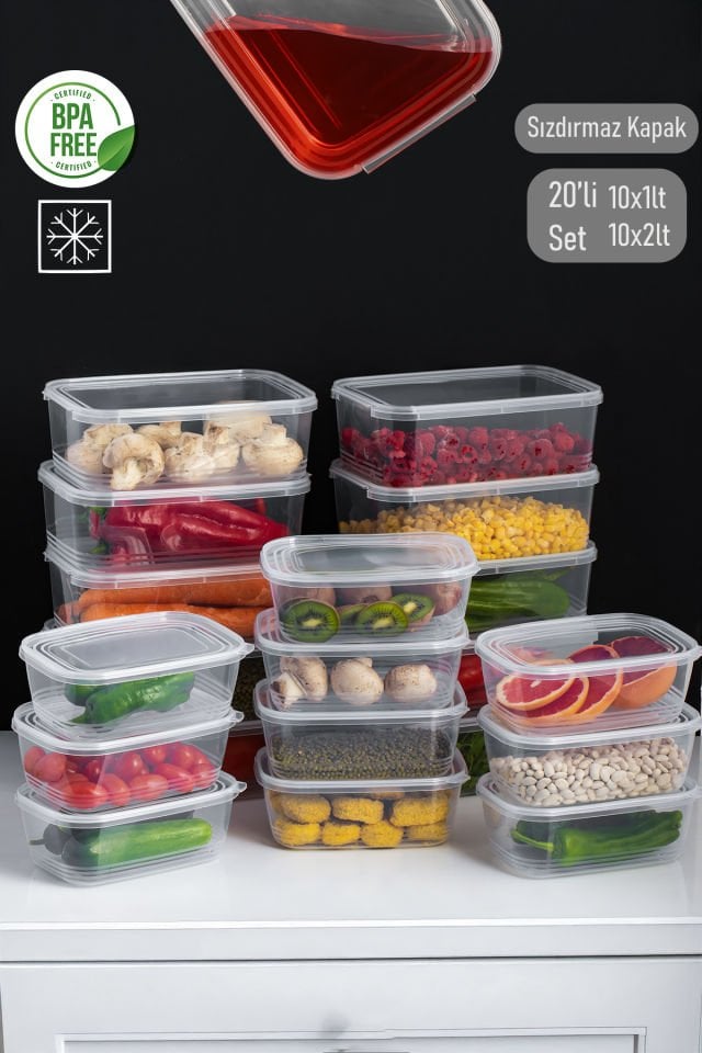 Porsima 4302 20'li Buzluk Düzenleyici Saklama Kabı Kendinden Kapaklı Derin Dondurucu Saklama Kabı 1Lt 2Lt Şeffaf