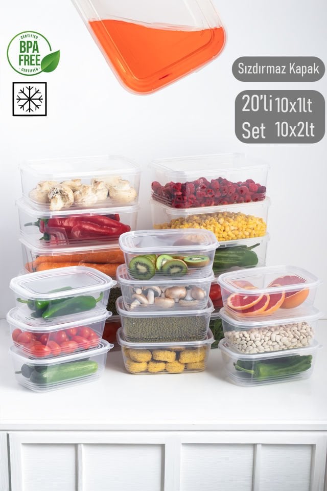Porsima 4302 20'li Buzluk Düzenleyici Saklama Kabı Kendinden Kapaklı Derin Dondurucu Saklama Kabı 1Lt 2Lt Şeffaf