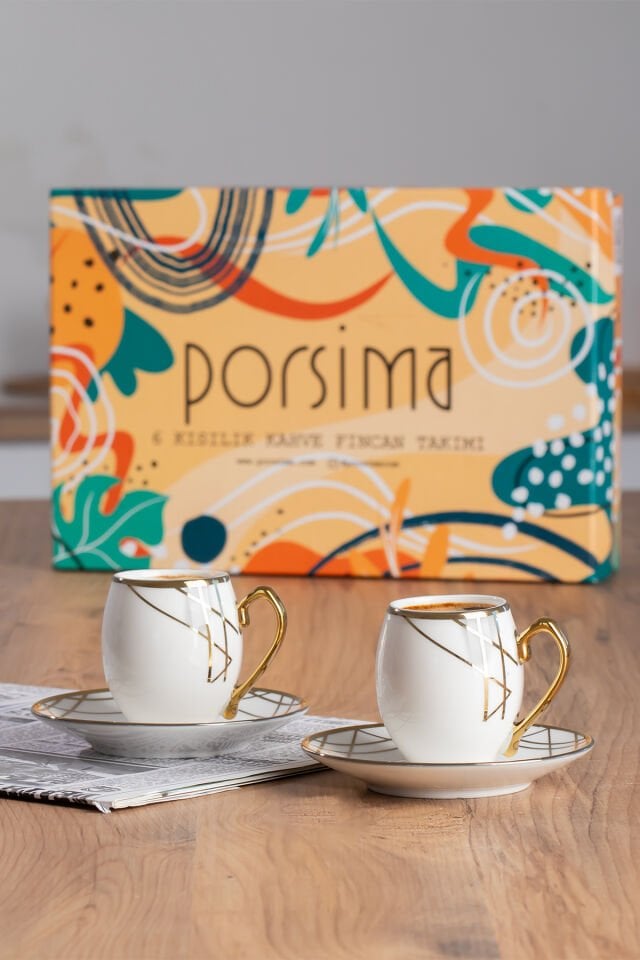 Porsima Solara Altın Yaldızlı 6 Kişilik Fincan Seti 12 Parça Türk Kahvesi Takımı Kahve Fincanı