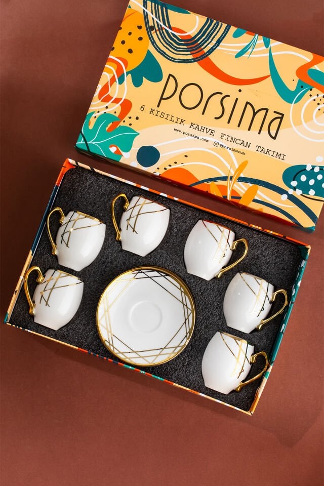 Porsima Solara Altın Yaldızlı 6 Kişilik Fincan Seti 12 Parça Türk Kahvesi Takımı Kahve Fincanı