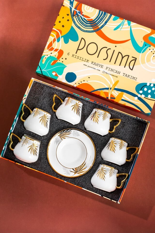 Porsima Seren Altın Yaldızlı 6 Kişilik Fincan Seti 12 Parça Türk Kahvesi Takımı Kahve Fincanı