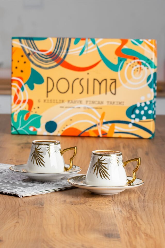Porsima Seren Altın Yaldızlı 6 Kişilik Fincan Seti 12 Parça Türk Kahvesi Takımı Kahve Fincanı