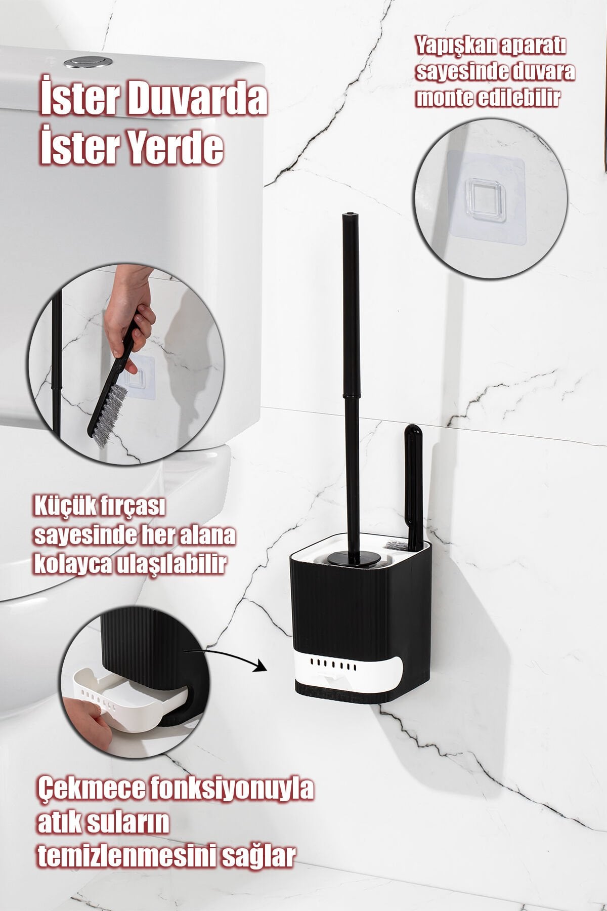 Porsima 2038 Su Akıtmayan Yapışkanlı Banyo Lavabo Wc Temizleme Fırçası- 2li Tuvalet Fırçası-siyah-beyaz