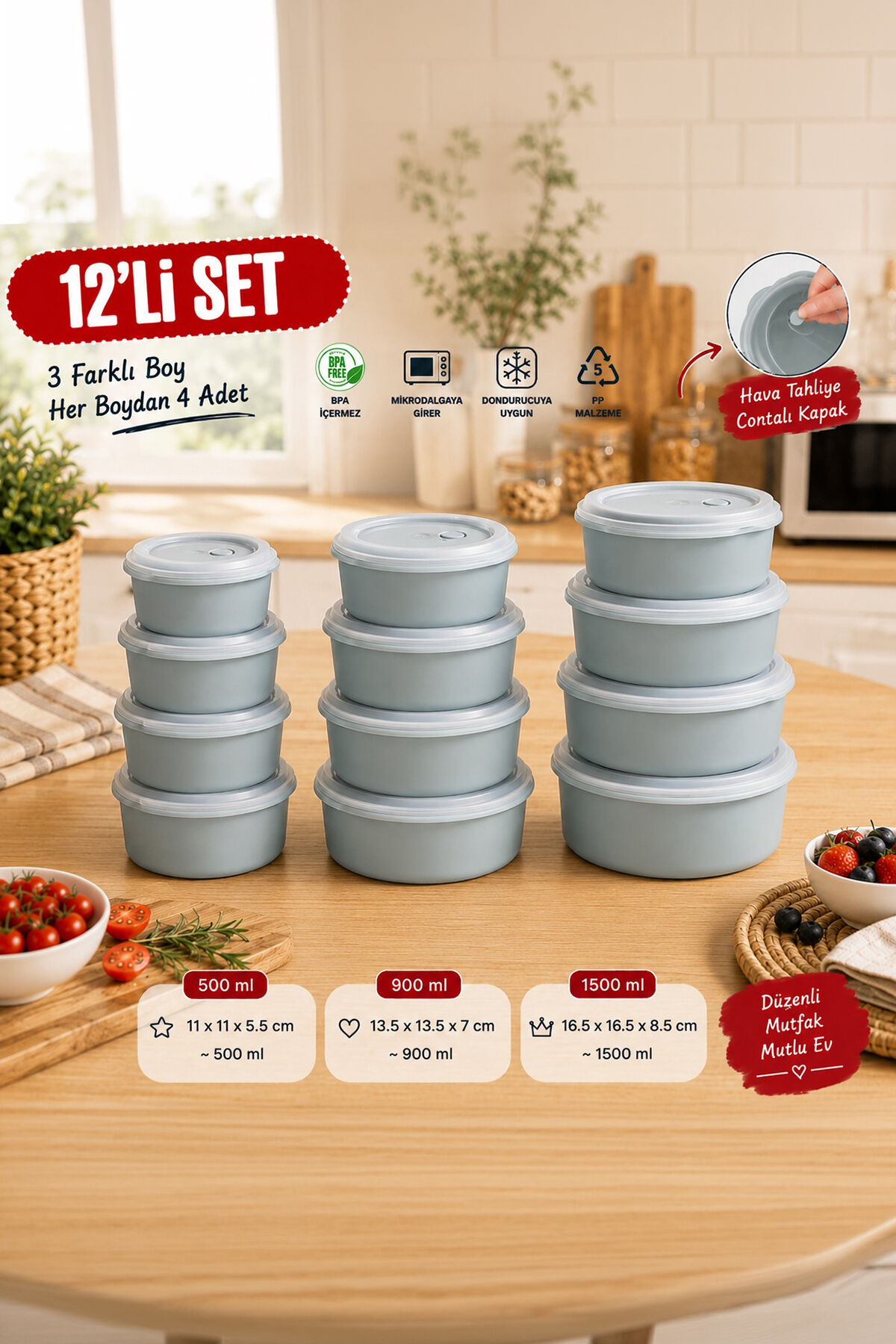 Porsima 5319 12 Parça Yuvarlak Hava Tahliye Valfli Saklama Kabı Seti – Mavi (3 Farklı Boy x 4 Adet)