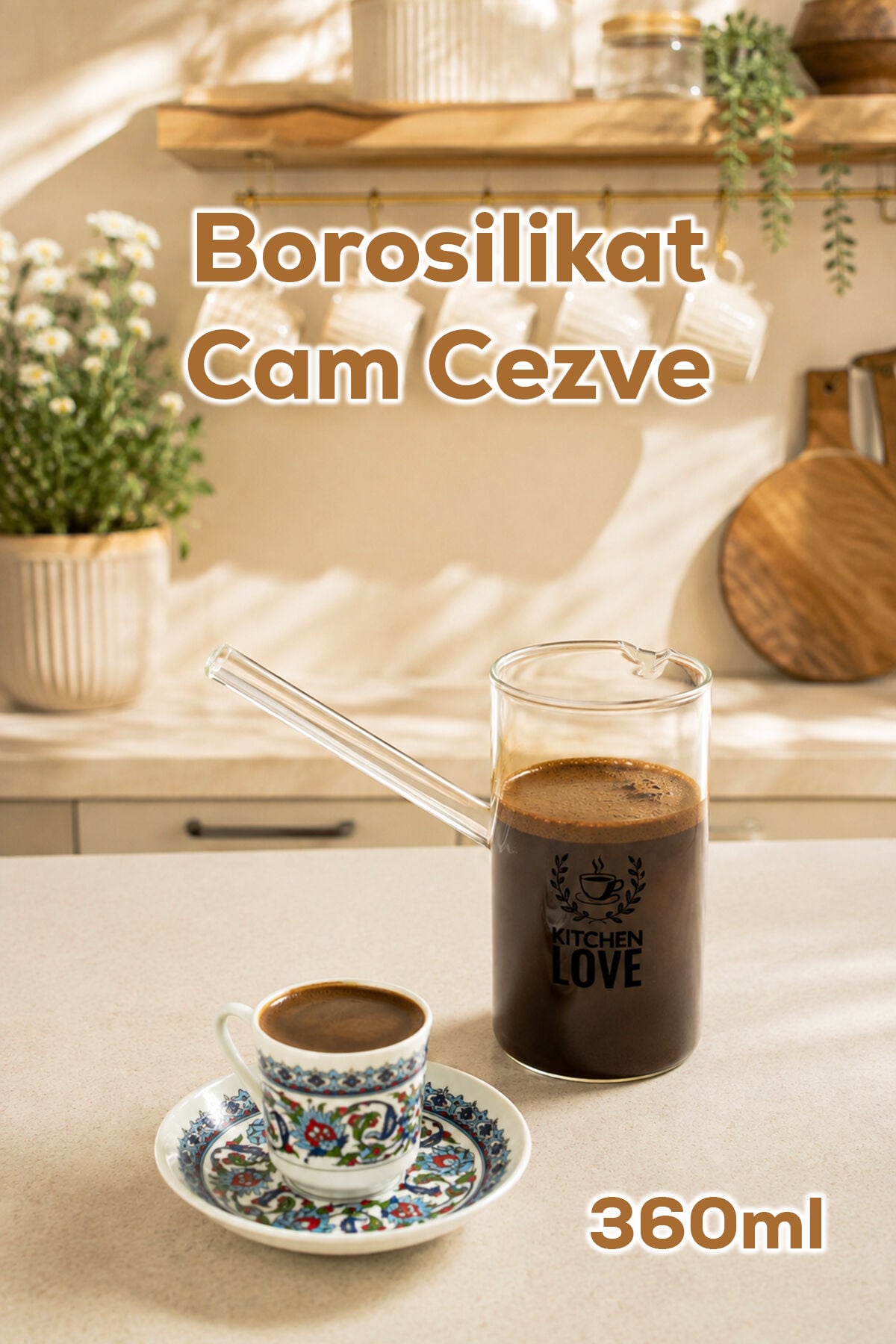 Herevin 180402-002 Desenli Borosilikat Cam Cezve 360 ml - Isıya Dayanıklı Şeffaf Türk Kahvesi Cezvesi