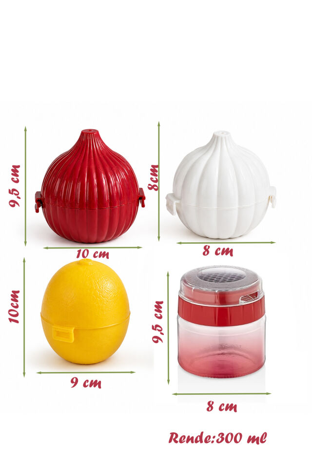 Porsima 4471 4'lü Mutfak Düzenleyici Seti – Soğan, Sarımsak, Limon Saklama Kabı ve 300 ml Hazneli Rende