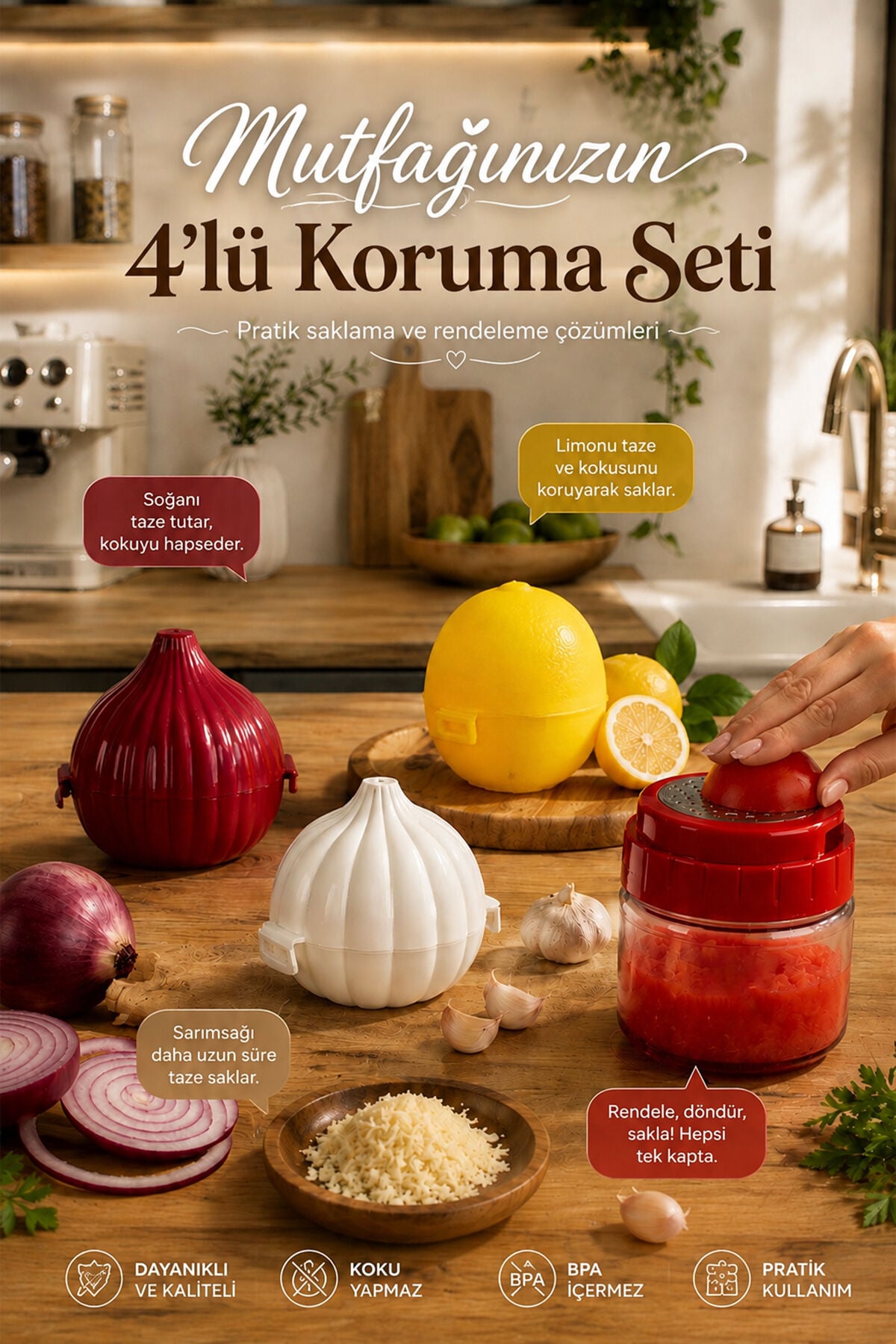Porsima 4471 4'lü Mutfak Düzenleyici Seti – Soğan, Sarımsak, Limon Saklama Kabı ve 300 ml Hazneli Rende