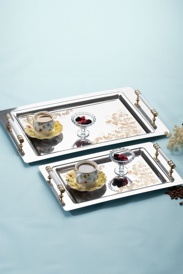 Porsima Yüzük 2li Paslanmaz Çelik Gümüş Sunumluk Çay Kahve Tepsisi Gold Beyaz Desenli Servis Tepsisi