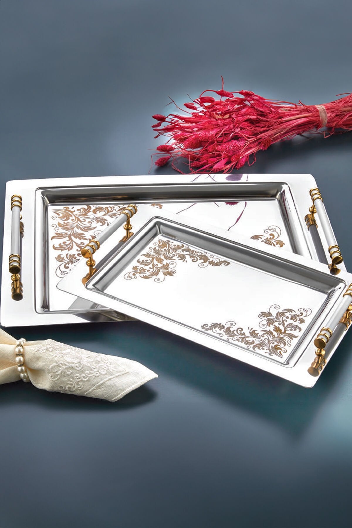 Porsima Yüzük 2li Paslanmaz Çelik Gümüş Sunumluk Çay Kahve Tepsisi Gold Beyaz Desenli Servis Tepsisi