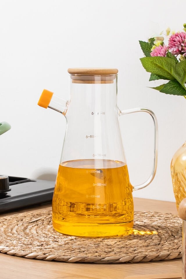 Porsima 401275 Alisa Bambu Kapaklı Borosilikat Ölçekli Cam Yağlık Silikon Tabanlı Dereceli Yağdanlık 900 ml