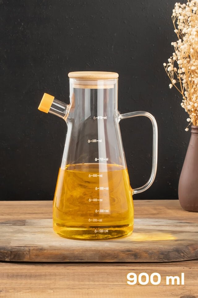 Porsima 401275 Alisa Bambu Kapaklı Borosilikat Ölçekli Cam Yağlık Silikon Tabanlı Dereceli Yağdanlık 900 ml