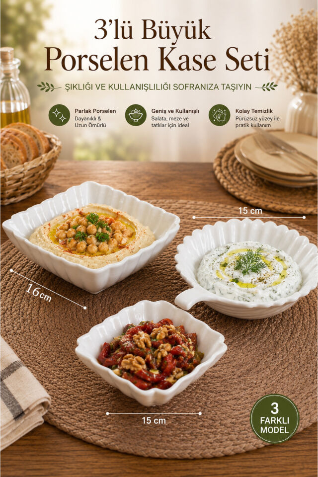 Porsima 3'lü Beyaz Porselen Kase Seti – 3 Farklı Model Salata, Meze ve Tatlı Sunum Kasesi (15 cm - 16 cm)