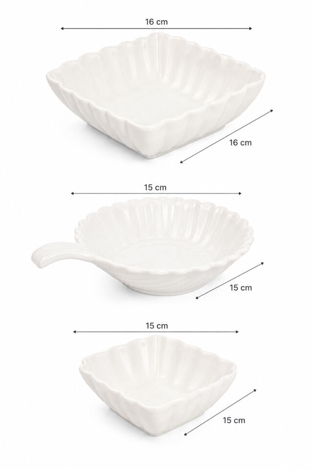 Porsima 3'lü Beyaz Porselen Kase Seti – 3 Farklı Model Salata, Meze ve Tatlı Sunum Kasesi (15 cm - 16 cm)