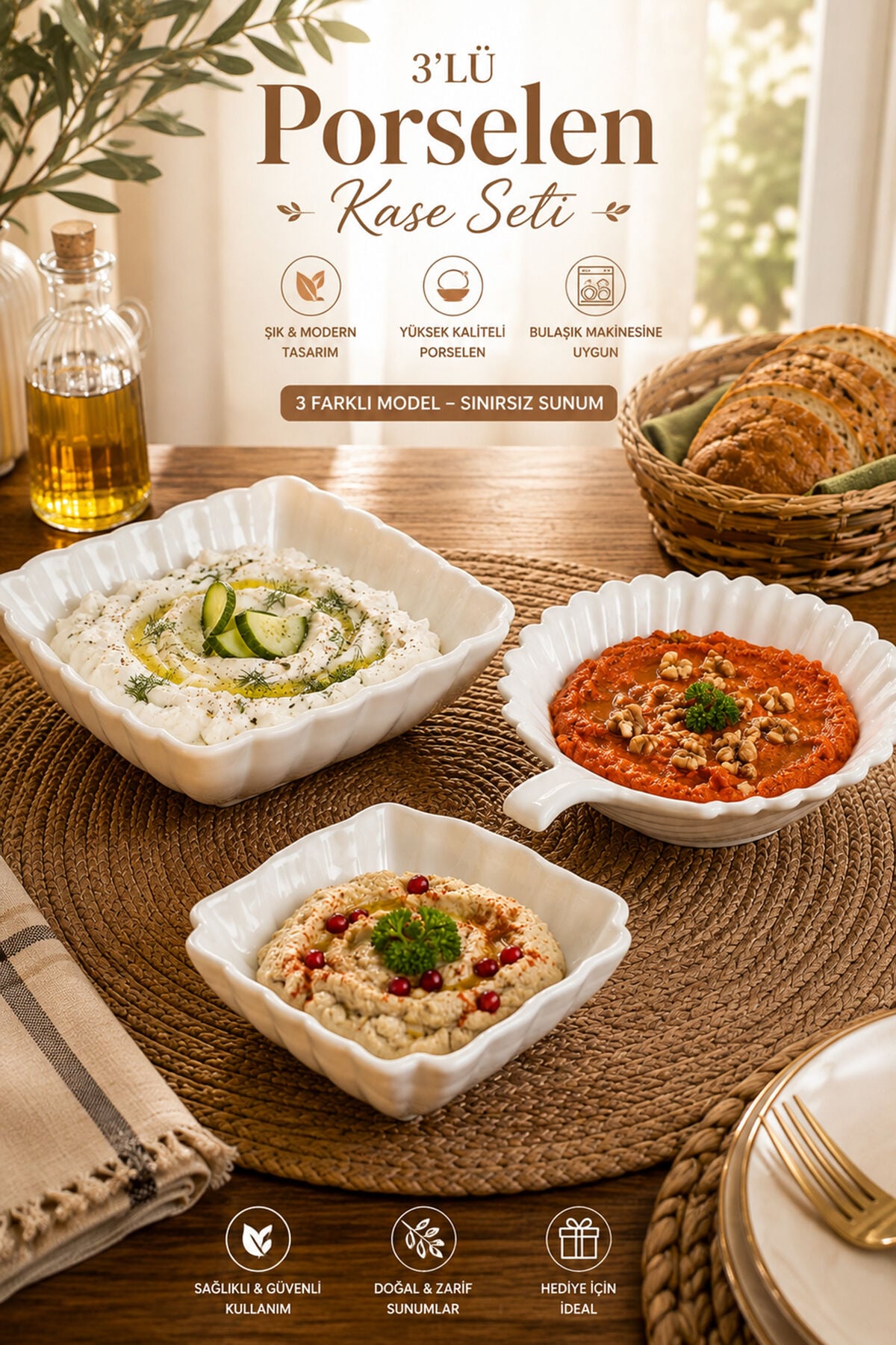 Porsima 3'lü Beyaz Porselen Kase Seti – 3 Farklı Model Salata, Meze ve Tatlı Sunum Kasesi (15 cm - 16 cm)