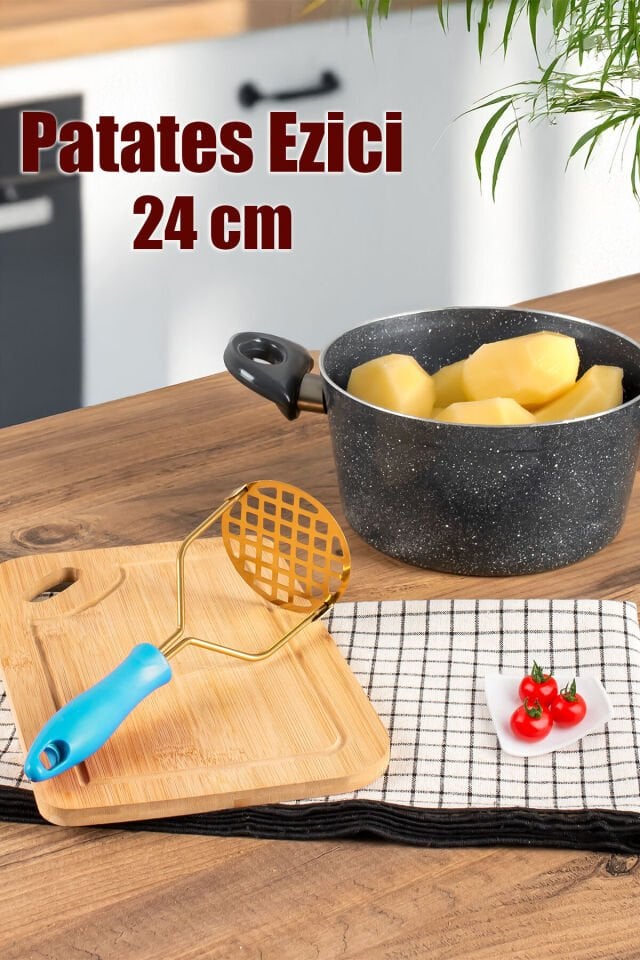 Porsima Patates Ezici Paslanmaz Metal Patates Ezici Püre Yapıcı Renkli Patates Ezeceği 24 cm - Mavi