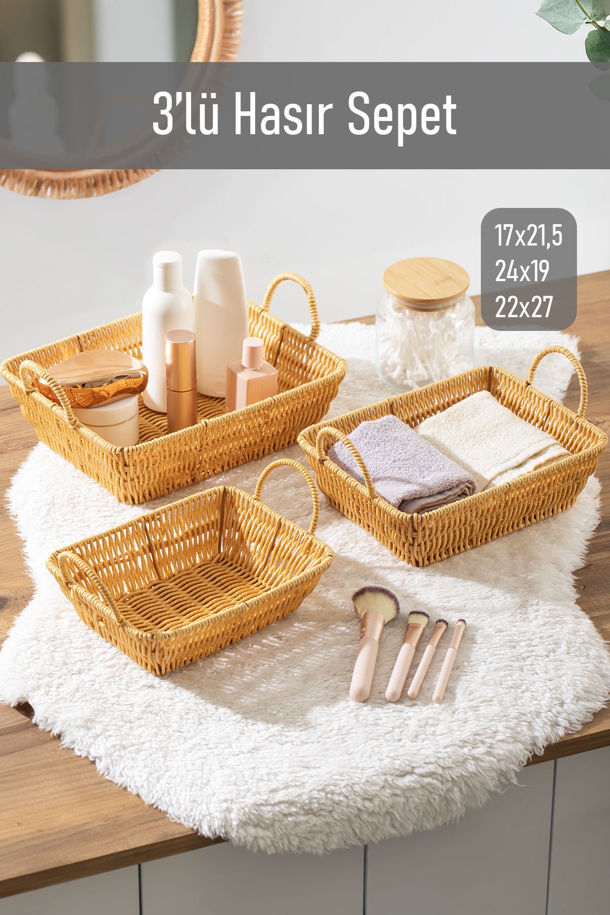 Porsima 301-C Dikdörtgen 3'lü Hasır Sepet Dekoratif Ev Düzenleyici Kendinden Kulplu Hasır Sepet Seti Banyo Düzenleyici Sepet