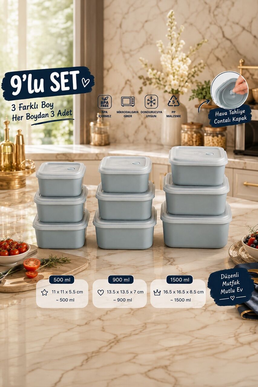 Porsima 5317 9 Parça Kare Hava Tahliye Valfli Saklama Kabı Seti – Mavi (3 Farklı Boy x 3 Adet)