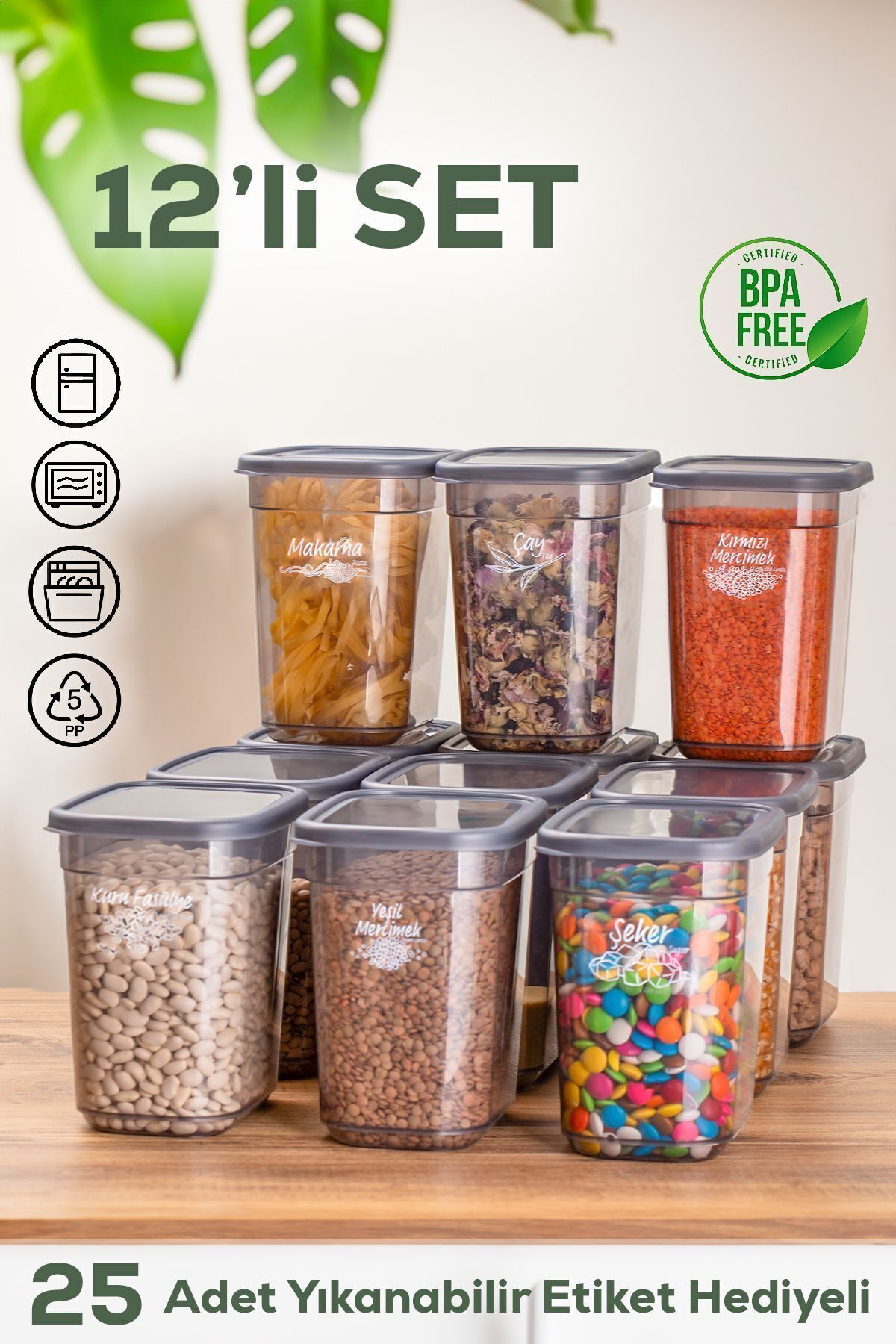 Porsima 2047 Etiketli Kapaklı Dikdörtgen Çok Amaçlı Gıda Erzak Saklama Kabı Seti 2 L 12'li